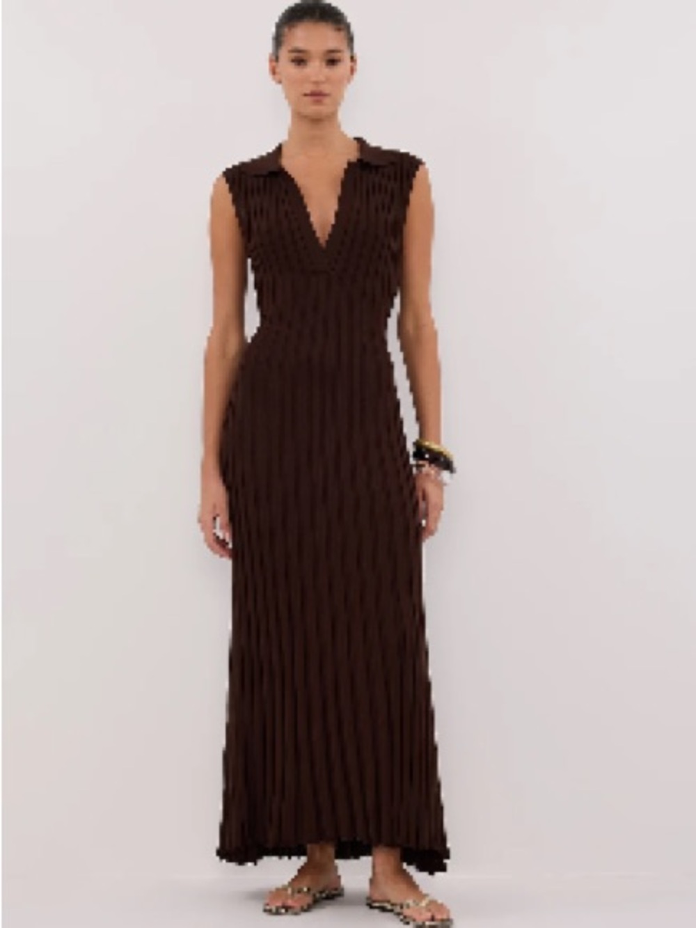 DISSH Brown Sleeveless V-Neck Pleated Maxi Dress